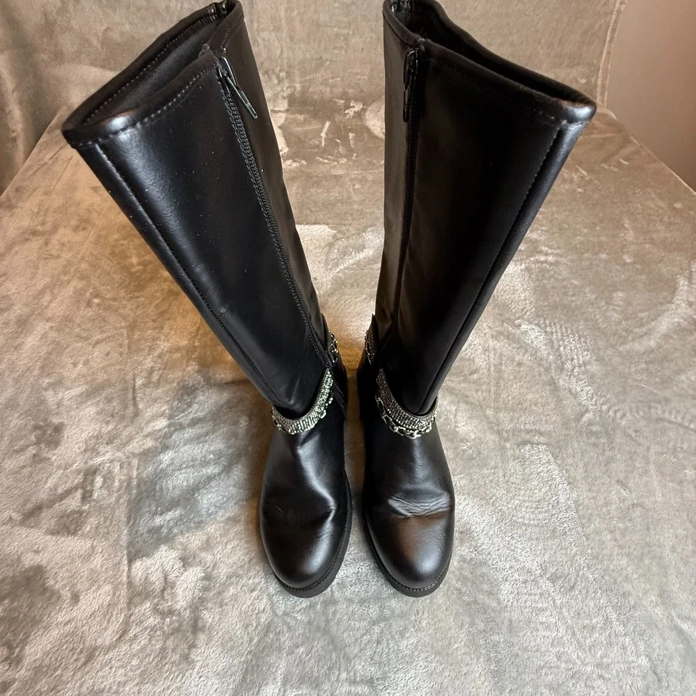 Girls Black Mid-Calf Combat Boots Rhinestone Buckle Chain Accent Side Zip Size 2